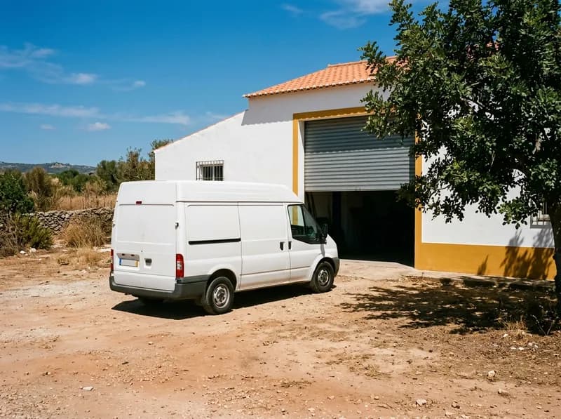 Uma autocaravana branca estacionada à porta da oficina ao sol