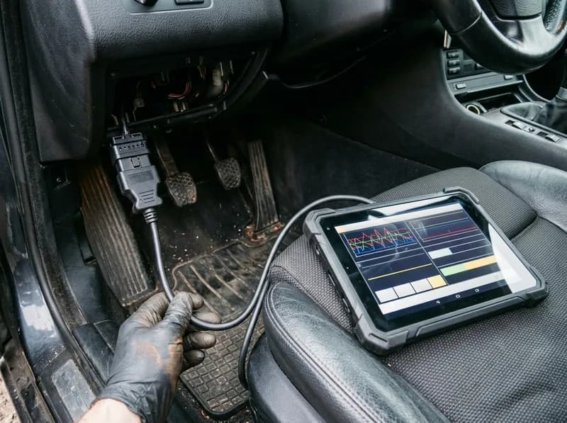 Tablet de diagnóstico ligado à ficha OBD de um carro