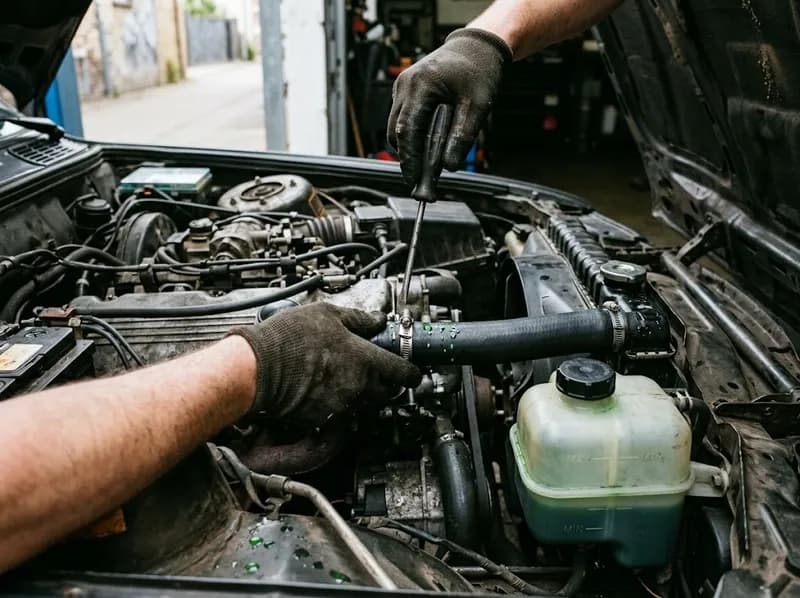 Um tubo do radiador a ser montado no motor